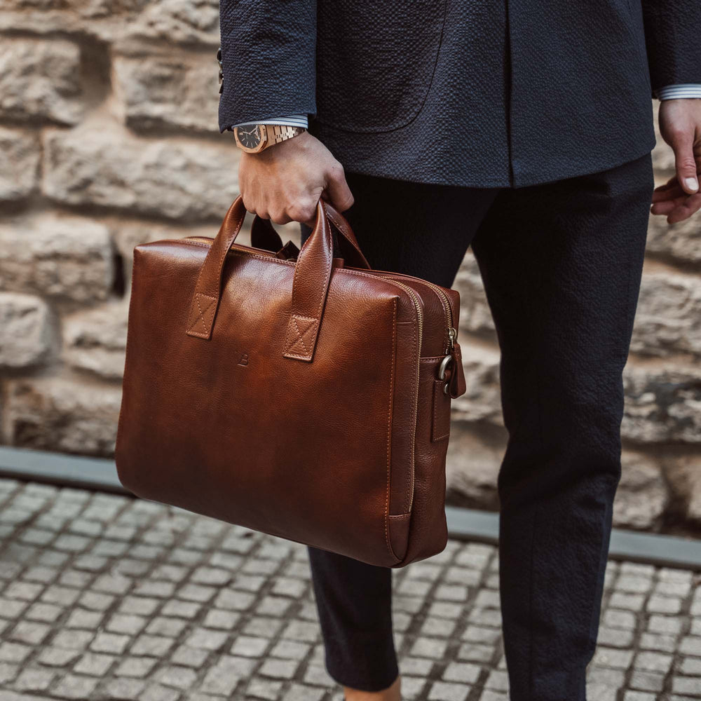 von baer essential modern professional italian leather briefcase for laptop solid brown carried by lawyer