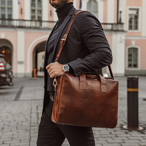 Modern Full Grain Leather Briefcase for Men with Shoulder Strap