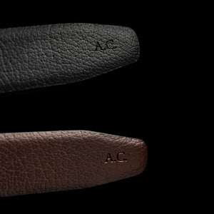 Von Baer Premier leather belt for men with personalized initials embossed on both sides