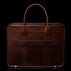 Men’s Von Baer Exquisite luxury full-grain leather laptop briefcase in brown, back view of luggage strap for travel.