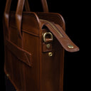 Men’s Von Baer exquisite luxury full-grain leather laptop briefcase in brown, close-up.