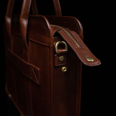 Men’s Von Baer exquisite luxury full-grain leather laptop briefcase in brown, close-up.