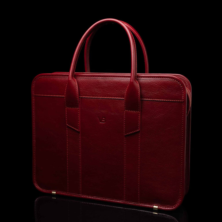 Men’s Von Baer exquisite luxury full-grain leather laptop briefcase in red, half-turned 3D view.