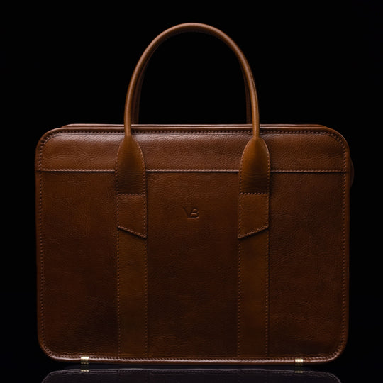 Men’s Von Baer exquisite professional full-grain leather laptop briefcase in brown, front view.