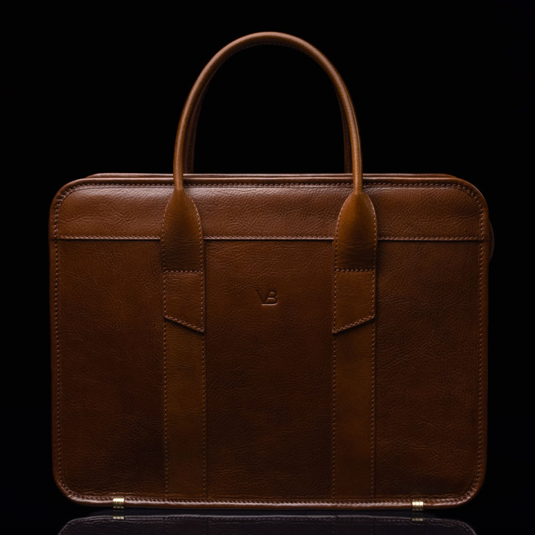 Men’s Von Baer exquisite professional full-grain leather laptop briefcase in brown, front view.