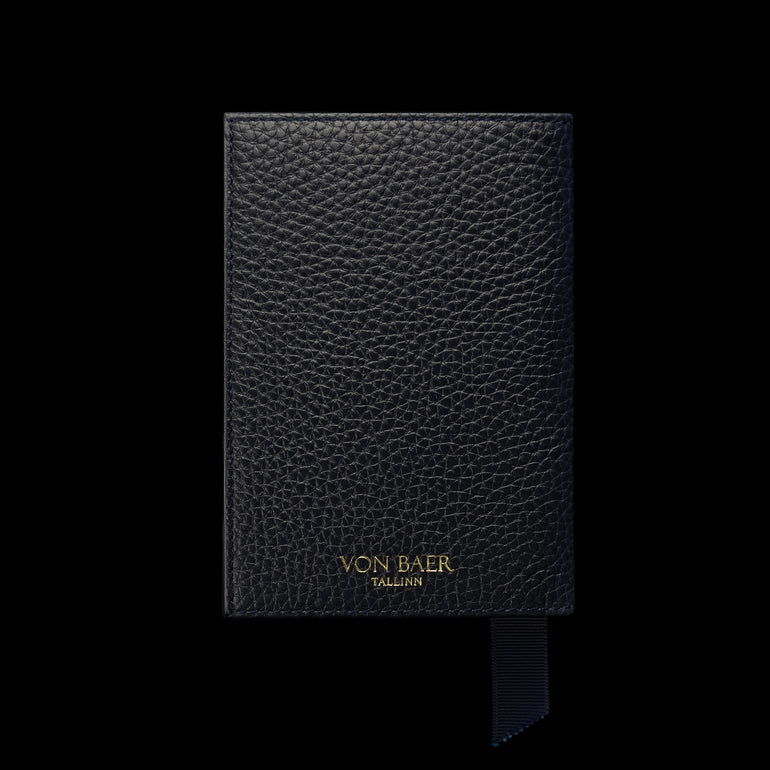 Von Baer full grain leather passport cover holder, navy blue, front view