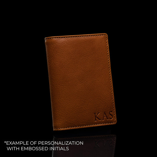 Von Baer Grant personalizable leather card case for men in tan, featuring embossed initials example: KAS.