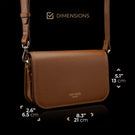 Von Baer Isabella women's cognac full-grain leather crossbody bag shown on a black background as a size guide with dimension labels and arrows indicating height, width, and depth.