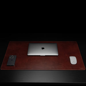 Von Baer large luxury leather desk mat, high-quality, brown, front view with MacBook, gift idea.