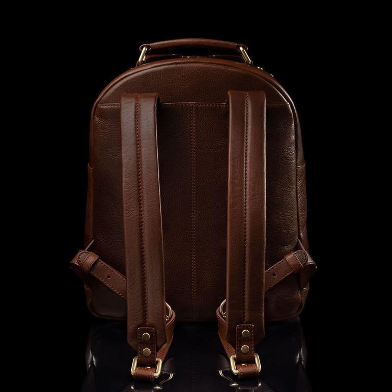 Von Baer Liberty stylish women's full grain leather backpack, brown, back view.