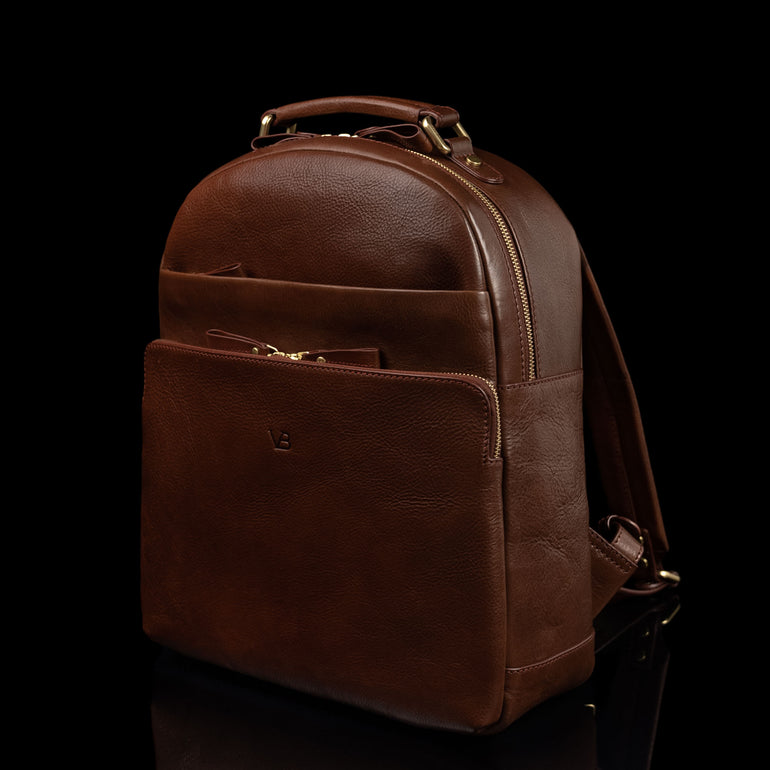 Von Baer Liberty stylish women's full grain leather backpack, brown, front view.