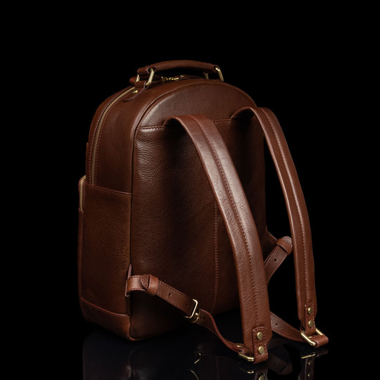 Von Baer Liberty women's vegetable-tanned leather backpack with padded, adjustable shoulder straps, showcasing comfort and durability.