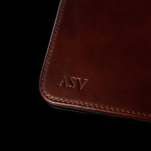 Von Baer luxury full-grain brown leather desk pad with personalized embossed initials ASV