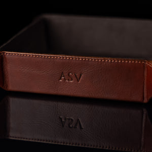 Von Baer Majestic leather tray close-up with personalized embossed initials ASV