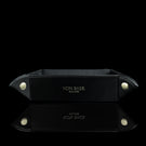 Von Baer Majestic luxury Italian leather tray desk organizer, catch-all in black, featuring a front view that highlights its sleek design and sophisticated appearance.