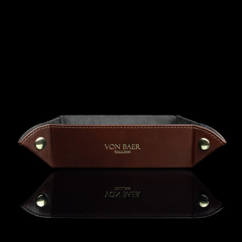 Von Baer Majestic luxury Italian leather tray desk organizer, catch-all in brown, featuring a front view that showcases its refined craftsmanship and utility.