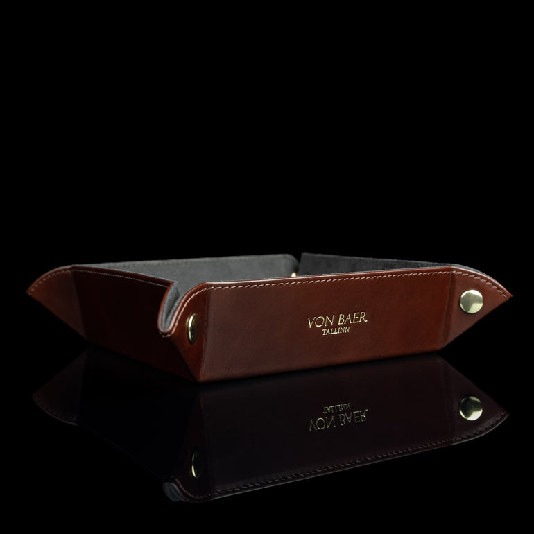 Von Baer Majestic luxury Italian leather tray desk organizer, catch-all in brown, half-turned, highlighting its elegant and functional design.