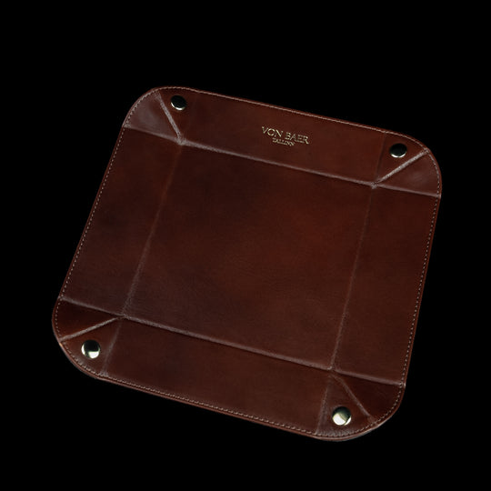 Von Baer Majestic luxury Italian leather tray desk organizer, catch-all in brown, unfolded, showcasing its spacious design for organizing essentials.