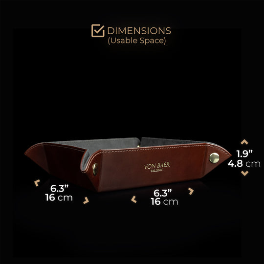 Von Baer Majestic luxury leather valet tray for accessories, featuring inner space dimensions.