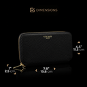 Von Baer origin luxury large black leather purse wallet with RFID protection, shown half-turned with dimensions displayed on a black background