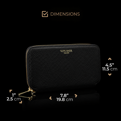 Von Baer origin luxury large black leather purse wallet with RFID protection, shown half-turned with dimensions displayed on a black background