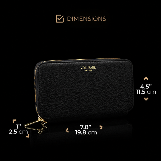 Von Baer origin luxury large black leather purse wallet with RFID protection, shown half-turned with dimensions displayed on a black background