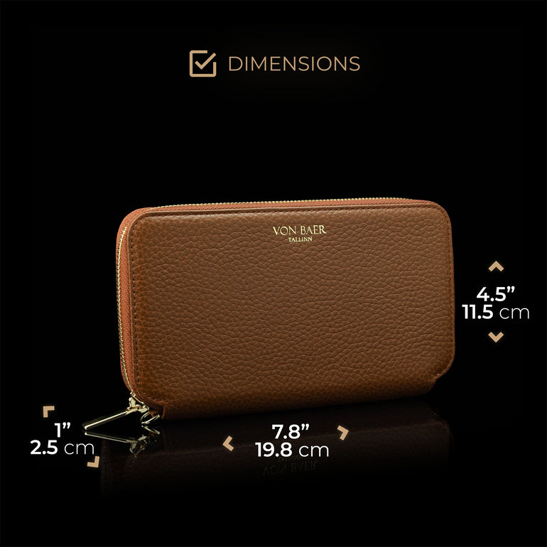 Von Baer origin luxury RFID leather purse large half turned view with dimensions