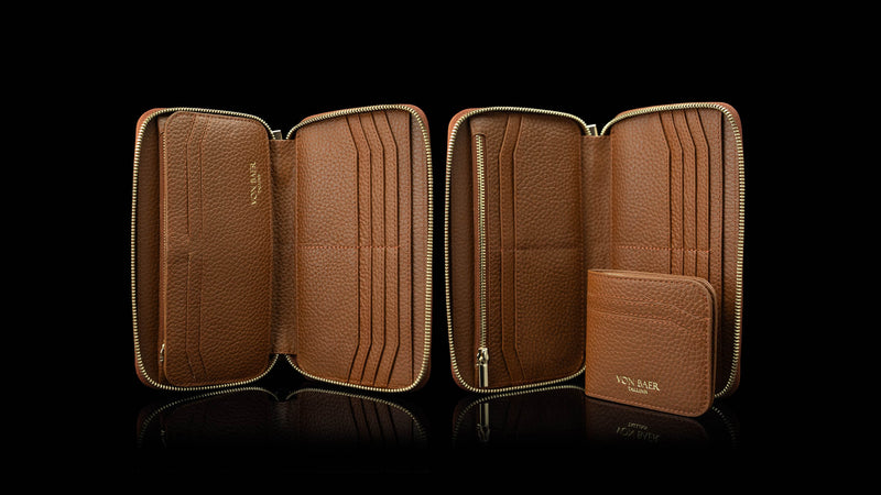 Von Baer origin luxury RFID leather purse showcasing detachable money clip
