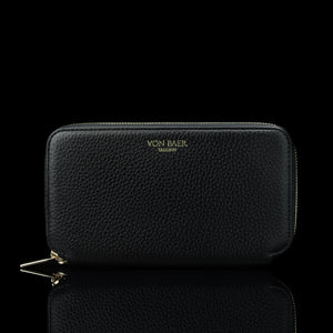Luxury men’s leather wallet with RFID protection, large design shown from the front view