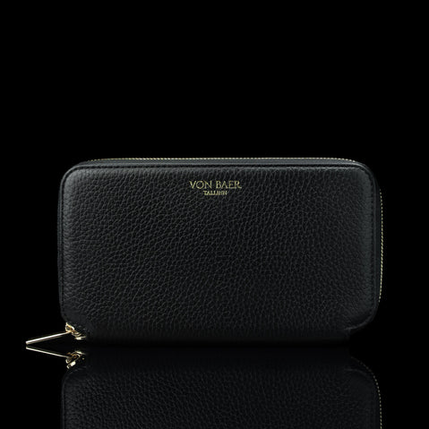 Luxury men’s leather wallet with RFID protection, large design shown from the front view