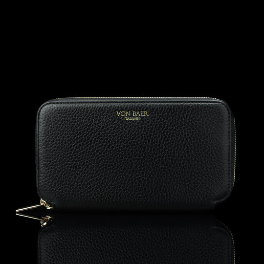 Luxury men’s leather wallet with RFID protection, large design shown from the front view