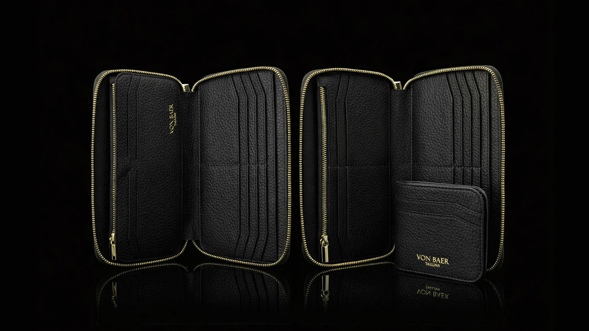Von Baer origin luxury RFID men’s leather wallet in black showcasing detachable money clip.