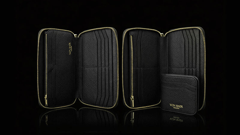 Von Baer origin luxury RFID men’s leather wallet in black showcasing detachable money clip.