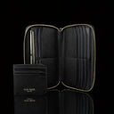 Luxury men’s leather wallet with RFID protection, 2-in-1 cardholder front view on a black background