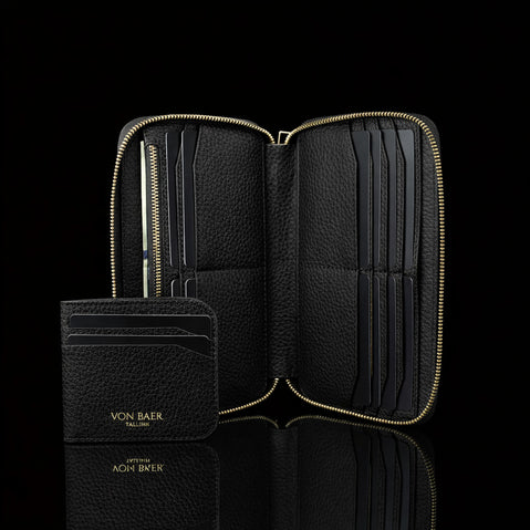 Luxury men’s leather wallet with RFID protection, 2-in-1 cardholder front view on a black background