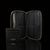 Luxury men’s leather wallet with RFID protection, 2-in-1 cardholder front view on a black background