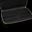 Luxury men’s leather wallet with RFID protection, large design with card slots filled with cards, bottom section visible.