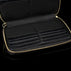 Luxury men’s leather wallet with RFID protection, large design with card slots filled with cards, bottom section visible.