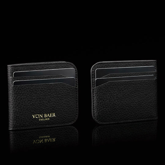 Von Baer origin luxury RFID men’s leather wallet with detachable card holder filled with cards, showing storage capacity and functionality.