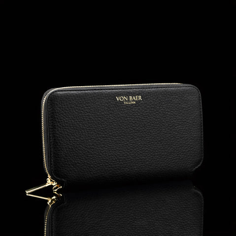 Von Baer origin luxury RFID men’s leather wallet, half-turned view showing premium design and slim profile.