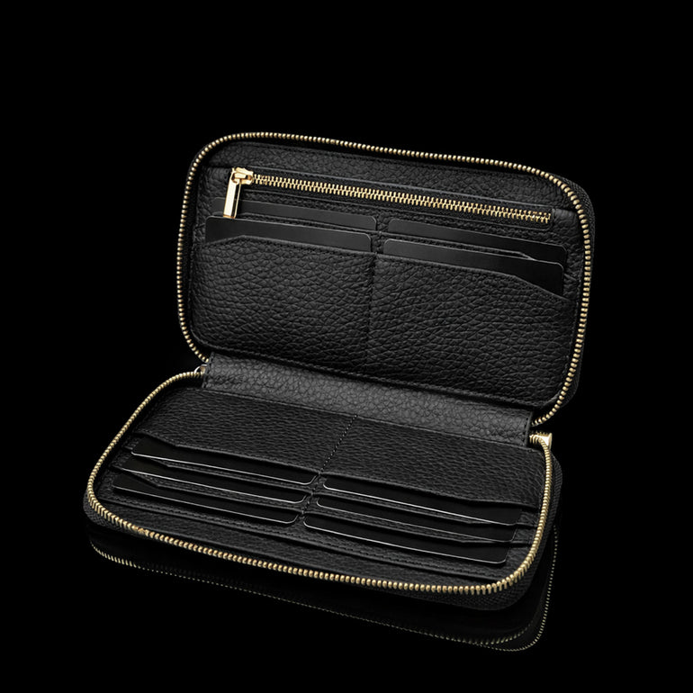 Von Baer origin luxury RFID men’s leather wallet interior view with multiple card slots and zipped coin pocket for organized storage.