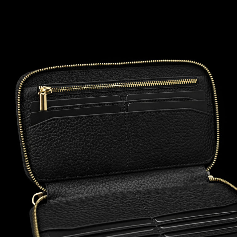 Von Baer origin luxury RFID men’s leather wallet, upper view filled with cards showing storage capacity.