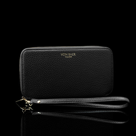 Von Baer origin luxury RFID men’s leather wallet in cognac tan with wrist strap, detailed view showing premium craftsmanship.