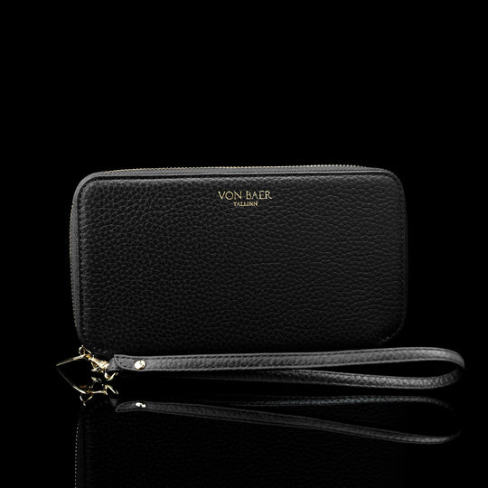 Von Baer origin luxury RFID men’s leather wallet in cognac tan with wrist strap, detailed view showing premium craftsmanship.