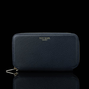 Von Baer origin luxury RFID men’s leather wallet in navy blue, front view showing premium design.