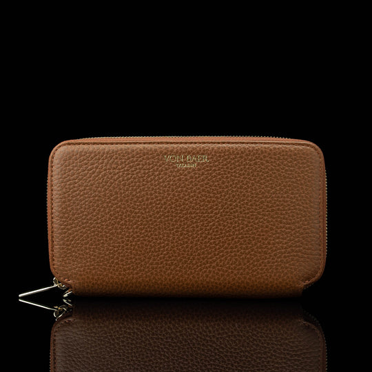 Von Baer origin luxury RFID men’s leather wallet in tan, front view showing premium design.