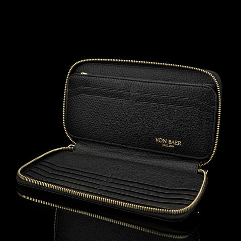 Von Baer origin large men’s leather zip wallet in black, interior view showing organized compartments and slots for cards and cash.