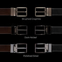 Von Baer Premier Quality Luxury Reversible Leather Belt for Men - Buckle Color Chart: Brushed Graphite, Dark Nickel, Glossy Silver.