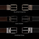 Von Baer Premier Quality Luxury Reversible Leather Belt for Men - Buckle Color Chart: Brushed Graphite, Dark Nickel, Glossy Silver.