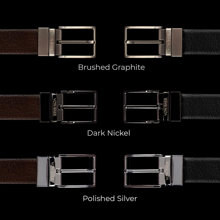 Von Baer Premier Quality Luxury Reversible Leather Belt for Men - Buckle Color Chart: Brushed Graphite, Dark Nickel, Glossy Silver.